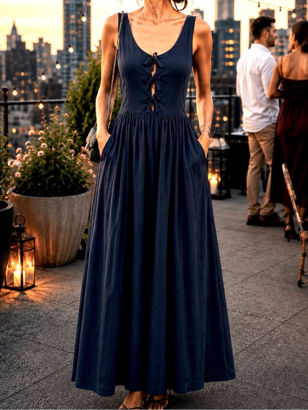TACH Black Tie-Front Maxi Dress - Sleeveless Linen Dress NWT size S